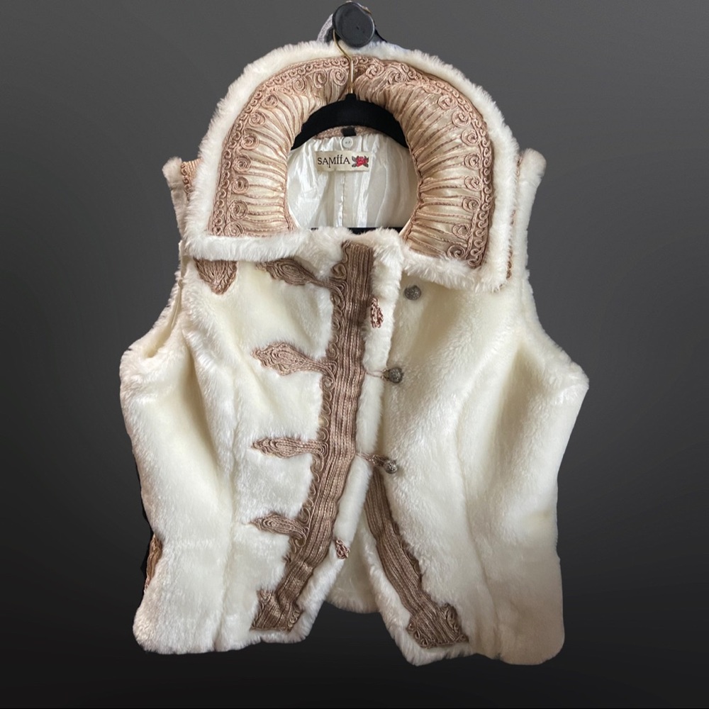 Fur vest, offwhite with gold tannish embroidery.